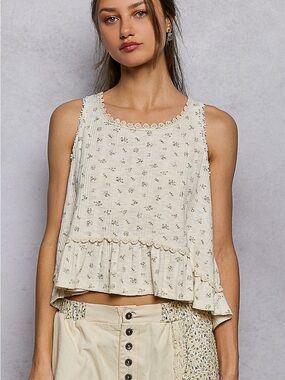 POL Cream Floral Lace-Trim Ruffle Tank Top